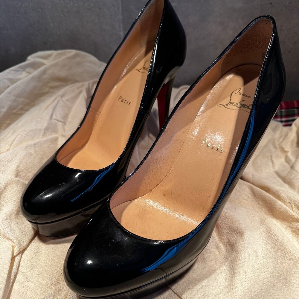 Christian Louboutin Black Patent Platform Pumps Red Sole Size 40
